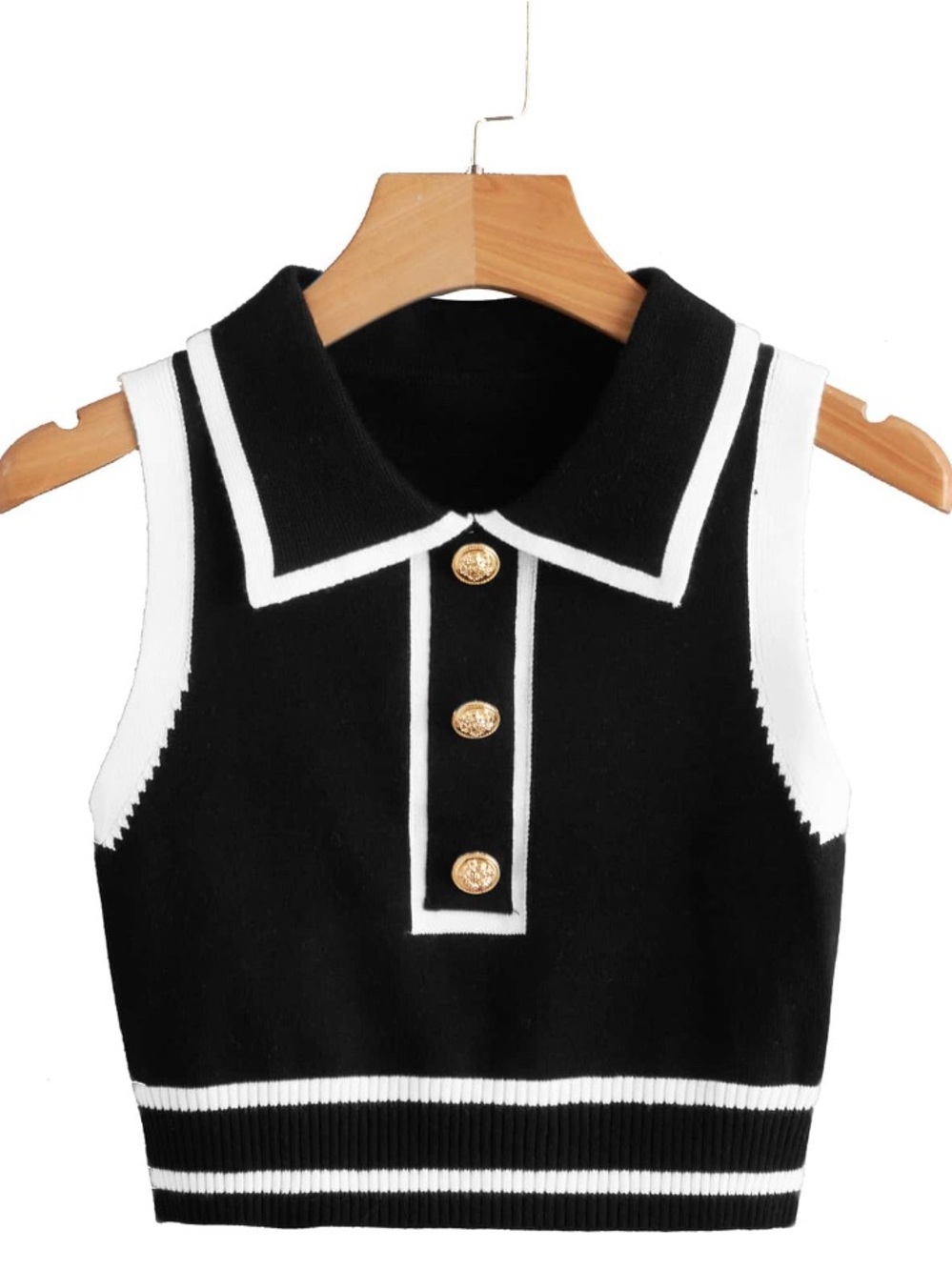 Girls Black & White Sleeveless Polo Crop Top